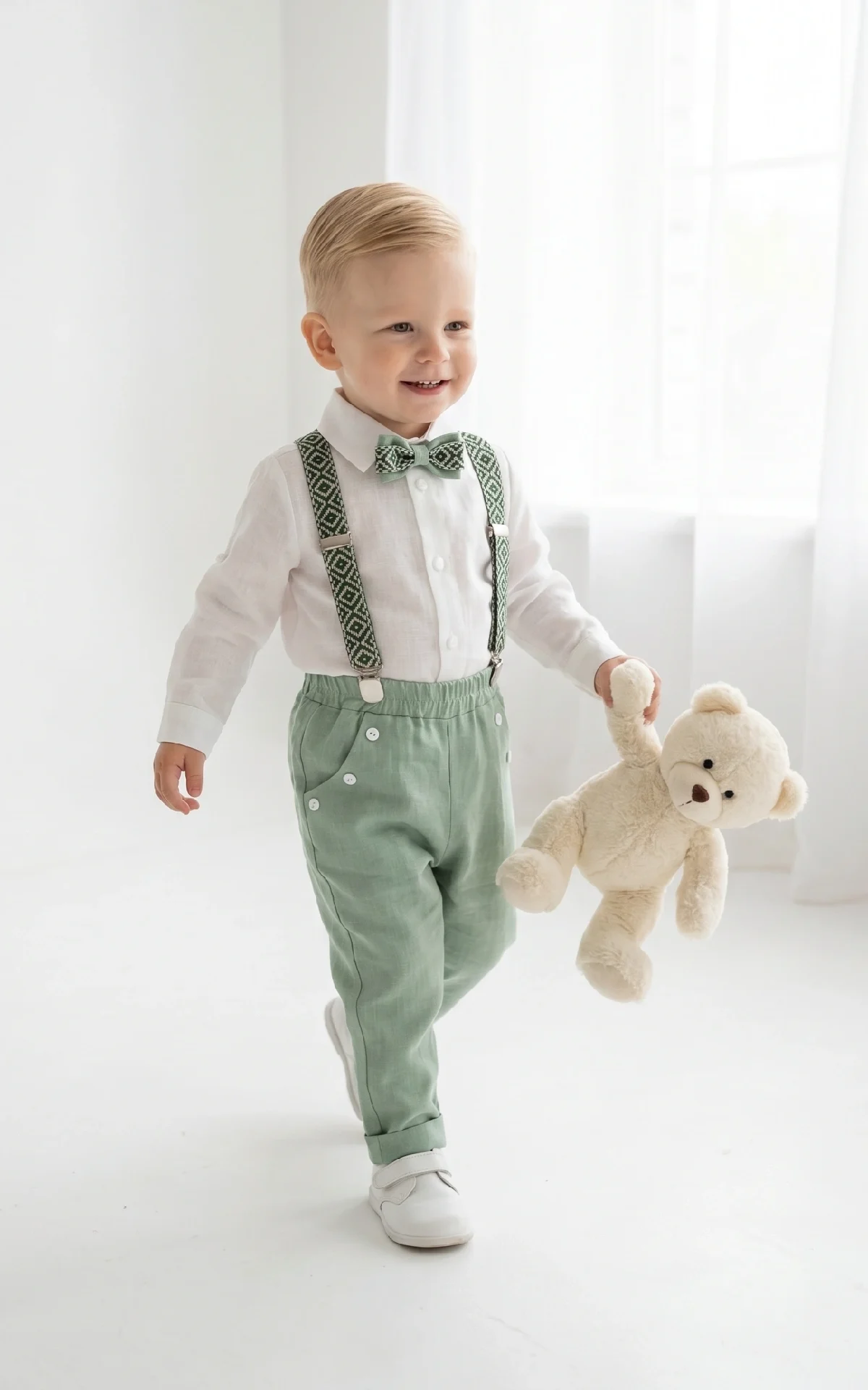 Pistacijų spalvos krikšto kostiumas